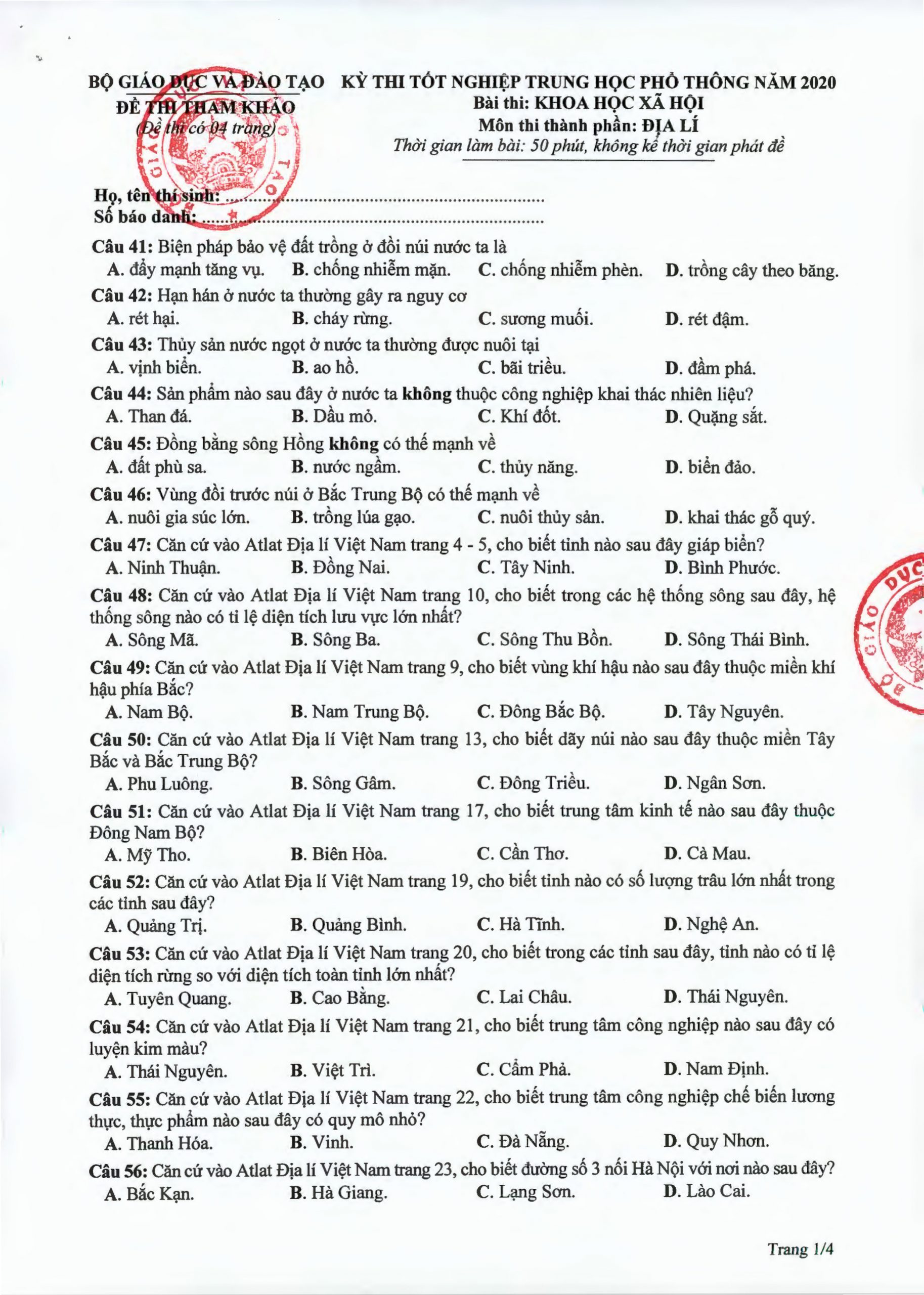 đề tham khảo tốt nghiệp 2020 môn Địa lí đề minh họa lần 2