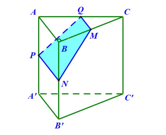 Cho lăng trụ đứng có M là trung điểm BC N là trung điểm BB' mặt phẳng chứa MN và vuông góc với (BCC'B')