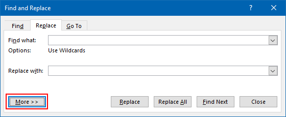 Find and Replace dialog