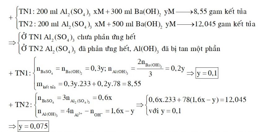 X là dung dịch Al2(SO4)3, Y là dung dịch Ba(OH)2. Trộn 200 ml X với 300 ml Y được 8,55 gam kết tủa. Trộn 200 ml X với 500 ml Y