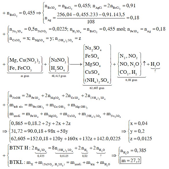 Hòa tan hết m gam hỗn hợp rắn X gồm Mg, Cu(NO3)2, Fe, FeCO3 vào dung dịch chứa H2SO4 và 0,045 mol NaNO3