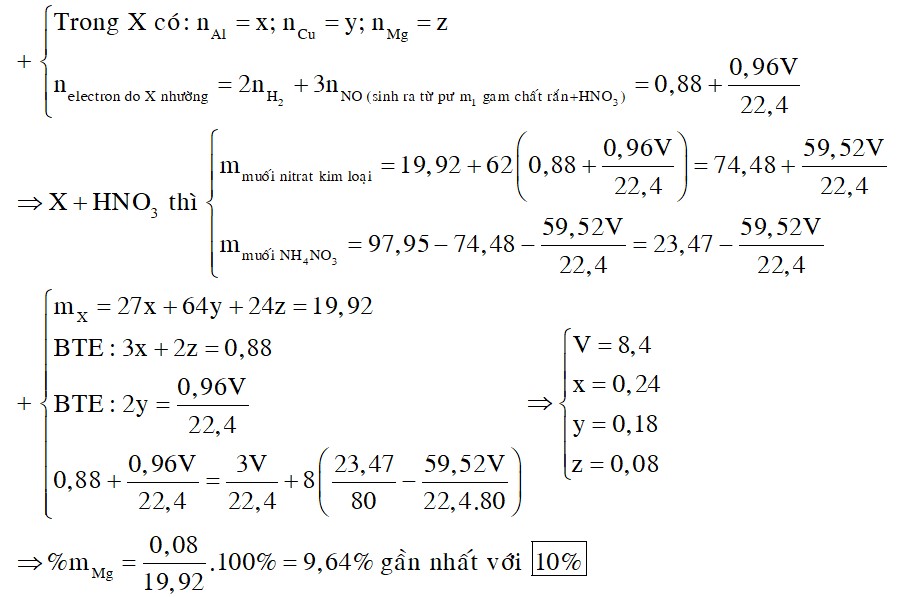 Hỗn hợp X gồm Mg, Cu và Al. Cho 19,92 gam hỗn hợp X tác dụng với dung dịch HCl dư thu được 9,856 lít H2