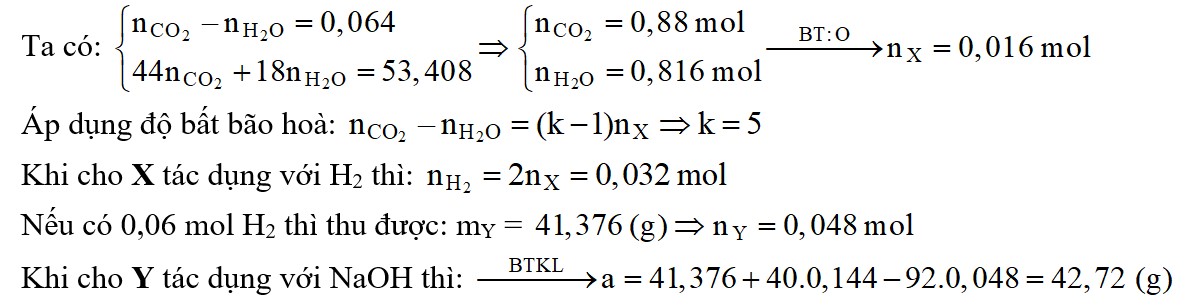 Đốt cháy hoàn toàn 13,728 gam một triglixerit X cần vừa đủ 27,776 lít O2 (đktc) thu được số mol CO2 và số mol H2O hơn kém nhau