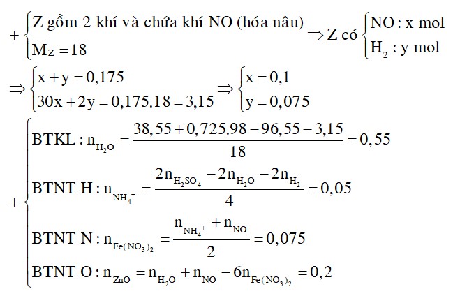 Cho 38,55 gam hỗn hợp X gồm Mg, Al, ZnO và Fe(NO3)2 tan hoàn toàn trong dung dịch chứa 0,725 mol H2SO4 loãng