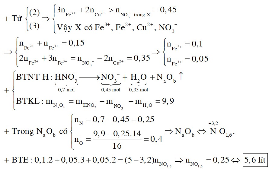 Hòa tan 11,6 gam hỗn hợp M gồm Fe và Cu vào 87,5 gam dung dịch HNO3 50,4%, sau khi kim loại tan hết thu được dung dịch X và V lít