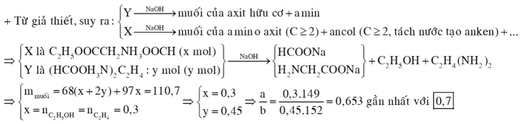 Cho hỗn hợp gồm a gam X (C5H11O4N) và b gam Y (C4H12O4N2) (là muối của axit hữu cơ) tác dụng vừa đủ với dung dịch NaOH