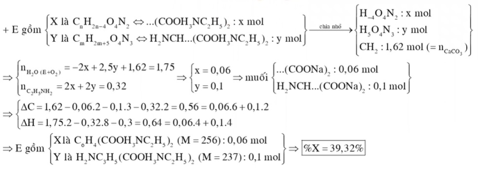 Hỗn hợp E gồm chất X (CnH2n-4O4N2) là muối amoni của axit cacboxylic đa chức và chất Y (CmH2m+5O4N3) mạch hở là muối amoni của một amino axit