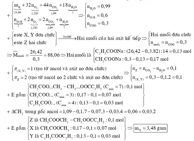 Hỗn hợp E gồm ba este mạch hở X Y và Z trong đó có một este hai chức và hai este đơn chức MX MY MZ Cho 2466 gam E