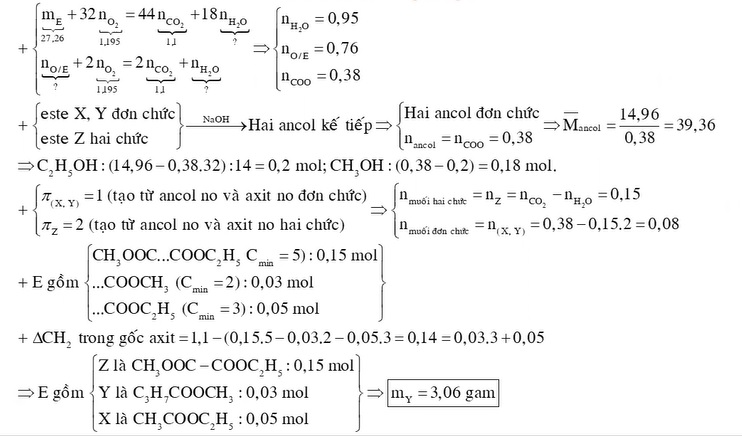 Hỗn hợp E gồm ba este mạch hở X Y và Z trong đó có một este hai chức và hai este đơn chức MX MY MZ Đốt cháy hết 2726 gam E