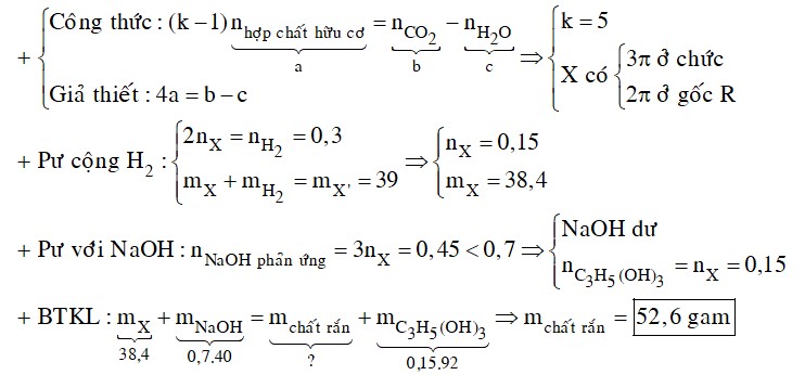 Đốt a mol X là trieste của glixerol và axit đơn chức mạch hở thu được b mol CO2 và c mol H2O biết b – c = 4a.