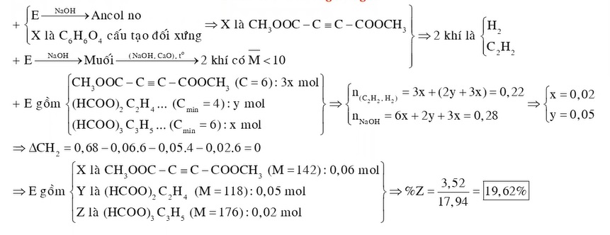 Hỗn hợp E gồm ba hợp chất hữu cơ chỉ chứa chức este mạch hở X là C6H6O4 có cấu tạo đối xứng Y là CnH2n2O4 và Z là CmH2m4O6