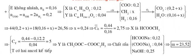 Đốt cháy 016 mol hỗn hợp E chứa hai este X Y đều no mạch hở và không phân nhánh thu được CO2 và H2O có tổng khối lượng 2656 gam