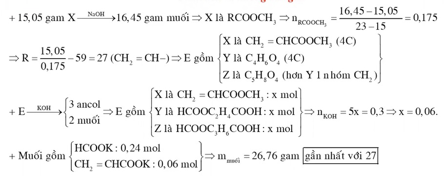 Đun nóng 1505 gam este X đơn chức mạch hở với dung dịch NaOH vừa đủ thu được 1645 gam muối Y và Z là hai este hai chức mạch hở