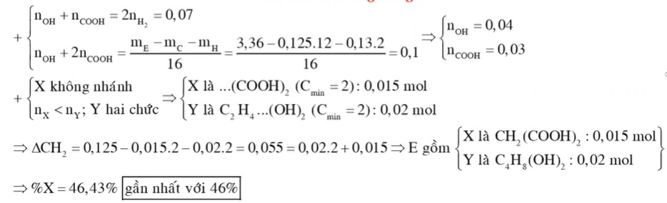 Hỗn hợp E gồm axit cacboxylic X có mạch cacbon không phân nhánh và ancol Y hai chức mạch hở trong đó số mol X nhỏ hơn số mol Y