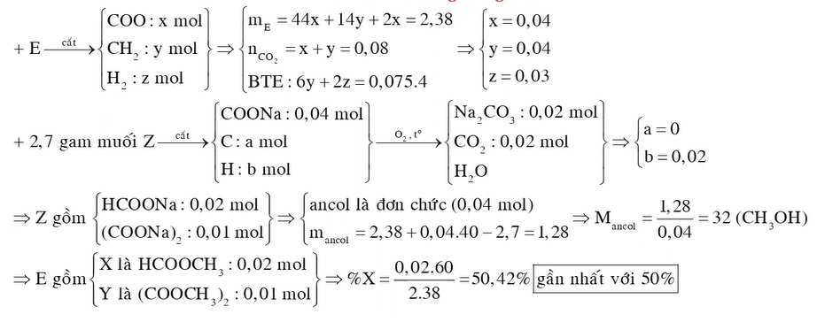 Đốt cháy hoàn toàn 2,38 gam hỗn hợp E gồm hai este mạch hở X và Y