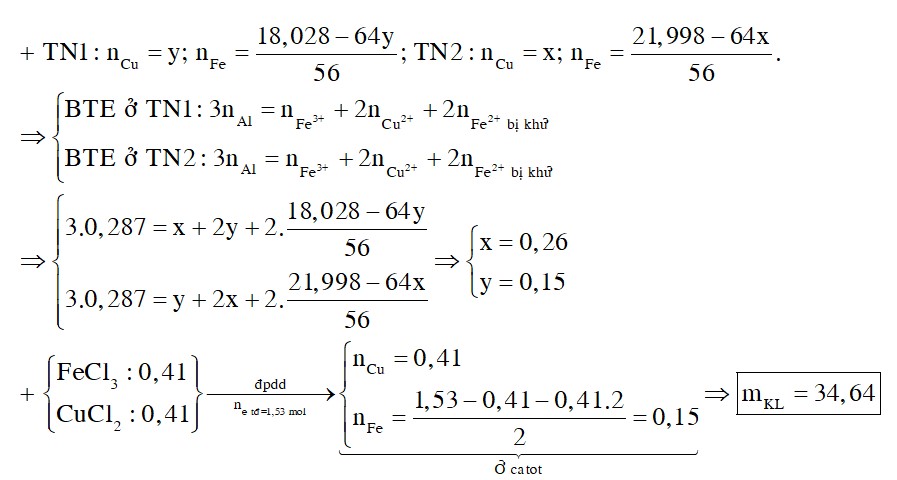 Cho 7,749 gam Al vào dung dịch hỗn hợp chứa x mol FeCl3 và y mol CuCl2