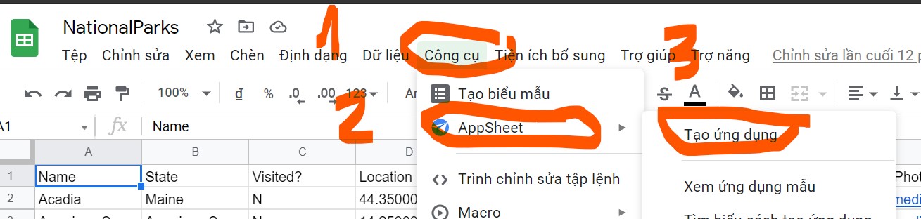 tao appsheet voi google sheets