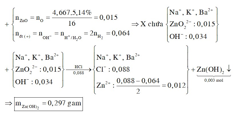 Hòa tan hết 4,667 gam hỗn hợp Na, K, Ba và ZnO (trong đó oxi chiếm 5,14% khối lượng) vào nước, thu được dung dịch X