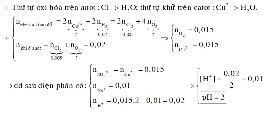 Điện phân (điện cực trơ, có màng ngăn) 2 lít dung dịch gồm CuSO4 và 0,01 mol NaCl đến khi cả 2 điện cực đều thoát ra 448ml khí