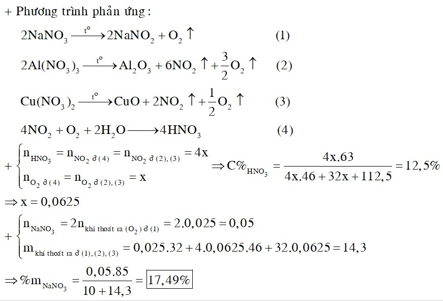Nhiệt phân hoàn toàn hỗn hợp gồm NaNO3; Al(NO3)3; Cu(NO3)2, thu được 10 gam chất rắn Y và hỗn hợp khí 1