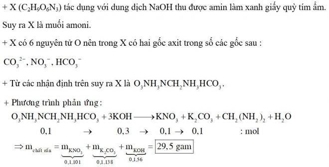 Cho 0,1 mol chất X C2H9O6N3 tác dụng với dung dịch chứa 0,4 mol KOH đun nóng 1