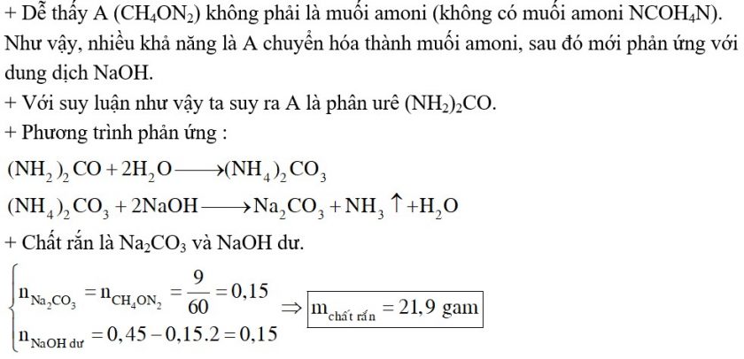 Cho 9 gam chất hữu cơ A có công thức CH4ON2 phản ứng hoàn toàn với 450 ml dung dịch NaOH