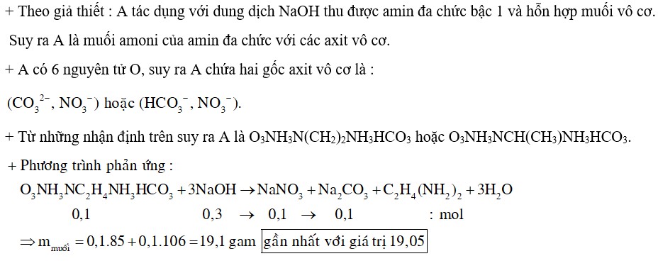 Cho 18,5 gam chất hữu cơ A (có công thức phân tử C3H11N3O6) tác dụng vừa đủ với 300 ml dung dịch NaOH