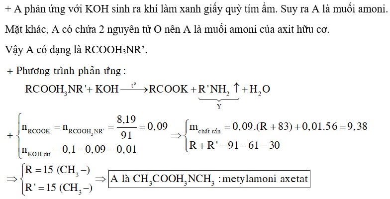 Hợp chất A có công thức phân tử C3H9NO2. Cho 8,19 gam A tác dụng với 100 ml dung dịch KOH 1M
