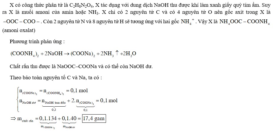 Hợp chất hữu cơ X có công thức C2H8N2O4. Khi cho 12,4 gam X tác dụng với 200 ml dung dịch NaOH