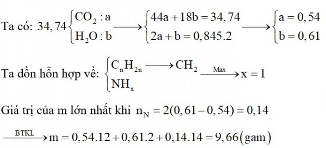 Đốt cháy hoàn toàn m gam hỗn hợp gồm hai amin đơn chức, mạch hở (là đồng đẳng) và hai anken cần vừa đủ 0,845 mol O2