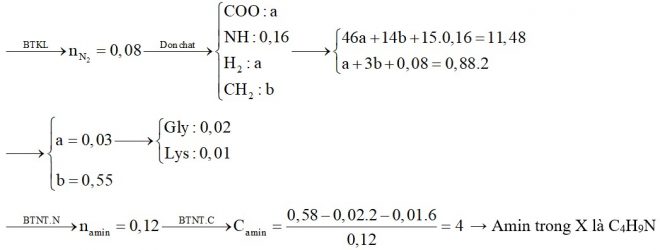 Hỗn hợp X gồm Gly, Lys (tỷ lệ mol 2:1) và một amin đơn chức, hở, có một liên kết đôi C=c trong phân tử. Đốt cháy hoàn toàn 11,48 gam X cần vừa đủ