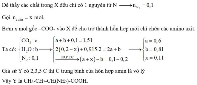 Hỗn hợp X gồm trimetylamin, đimetylamin và một α-aminoaxit Y có dạng H2N-CnH2n-COOH. Đốt cháy hoàn toàn 0,2 mol X cần dùng 0,915 mol O2