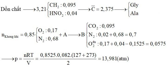 Dùng 19,04 lít không khí ở đktc (O2 chiếm 20% và N2 chiếm 80% thể tích) để đốt cháy hoàn toàn 3,21 gam hỗn hợp A gồm hai aminoaxit