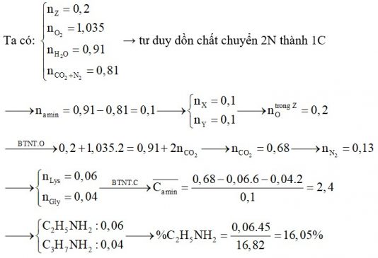 Hỗn hợp X chứa hai amin kế tiếp thuộc dãy đồng đẳng của metylamin. Hỗn hợp Y chứa glyxin và lysin. Đốt cháy hoàn toàn 0,2 mol hỗn hợp Z chứa X, Y cần dùng