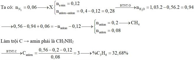 Hỗn hợp X chứa một amin no, mạch hở, đơn chức, một ankan và một anken. Đốt cháy hoàn toàn 0,4 mol X cần dùng vừa đủ 1,03 mol O2