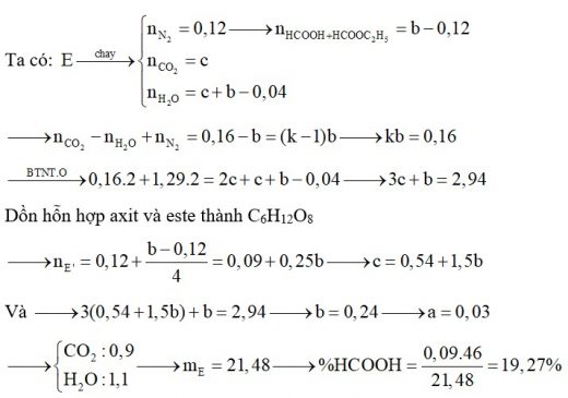 Hỗn hợp E chứa HCOOH 3a mol, HCOOC2H5 a mol, lysin và hexametylenđiamin. Đốt cháy hoàn toàn b mol hỗn hợp E cần vừa đủ 1,29 mol O2