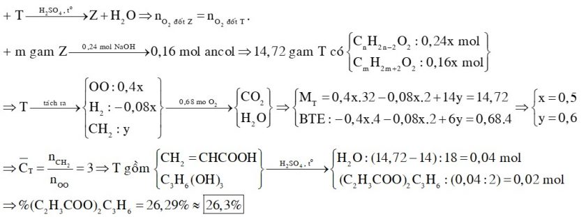 Đun nóng 14,72 gam hỗn hợp T gồm axit X (CnH2n-2O2) và ancol Y (CmH2m+2O2) có mặt H2SO4 đặc làm xúc tác, thu được 14,0 gam hỗn hợp Z gồm một este