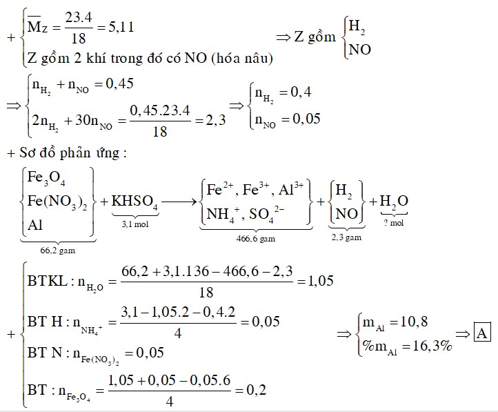 Cho 66,2 gam hỗn hợp X gồm Fe3O4, Fe(NO3)2, Al tan hoàn toàn trong dung dịch chứa 3,1 mol KHSO4 loãng. Sau khi các phản ứng xảy ra hoàn toàn 