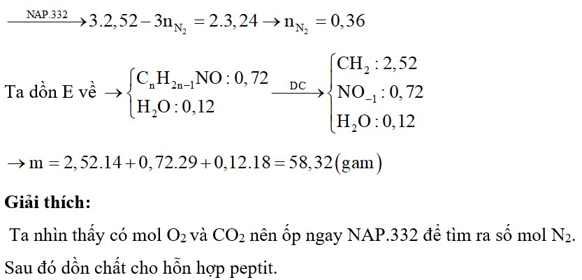 Đốt cháy hoàn toàn 0,12 mol hỗn hợp E chứa nhiều peptit được tạo từ Gly, Ala và Val cần vừa đủ 3,24 mol O2