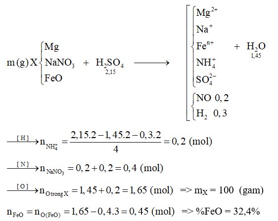 X là hỗn hợp rắn gồm Mg, NaNO3 và FeO (trong đó oxi chiếm 26,4% về khối lượng). Hòa tan hết m gam X trong 2107 gam dung dịch H2SO4 loãng