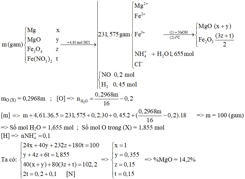 Hòa tan hoàn toàn hỗn hợp X gồm Mg, MgO, Fe3O4 và Fe(NO3)2 (trong đó oxi chiếm 29,68% theo khối lượng) trong dung dịch HCl dư