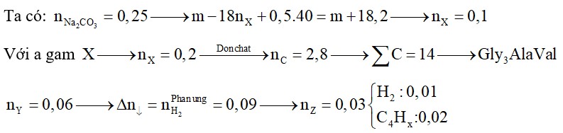 Cho m gam peptit X (mạch hở) phản ứng vừa đủ với dung dịch NaOH đun nóng, thu được dung dịch chứa (m + 18,2) gam hỗn hợp Z gồm muối natri