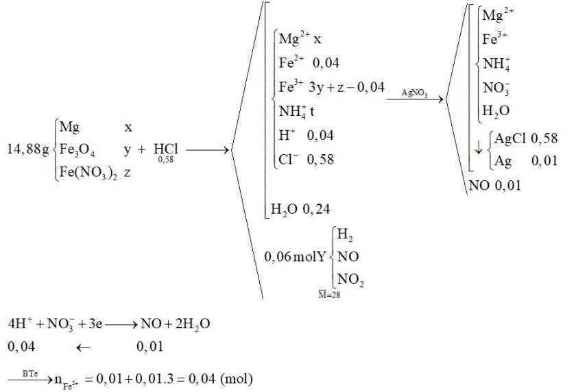 Hòa tan hết 14,88 gam hỗn hợp gồm Mg , Fe3O4 , Fe(NO3)2 vào dung dịch chứa 0,58 mol HCl, sau khi các phản ứng kết thúc thu được dung dịch X