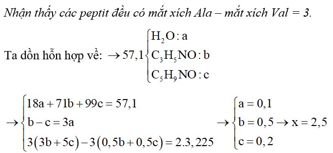 Hỗn hợp X gồm Ala4Val, Ala5Val2 và Ala6Val3. Đốt 57,1 gam hỗn hợp X cần vừa đủ