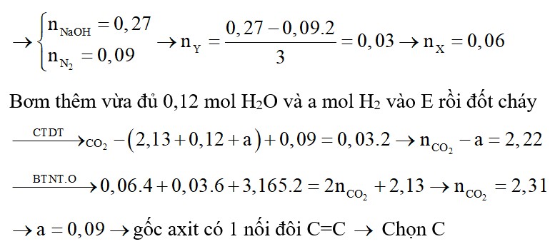 X là peptit mạch hở (được tạo bởi Gly, Ala và Val), Y là chất béo rắn. Hỗn hợp E chứa X, Y