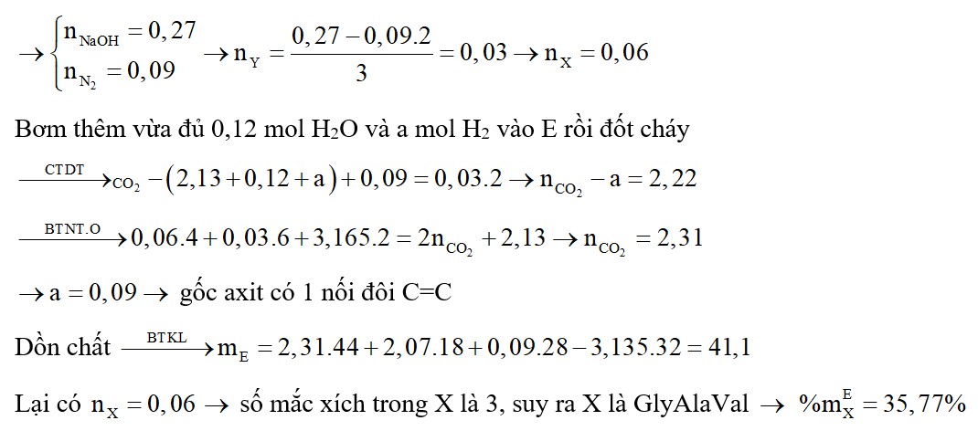 X là peptit mạch hở (được tạo bởi Gly, Ala và Val), Y là chất béo rắn. Hỗn hợp E chứa X, Y