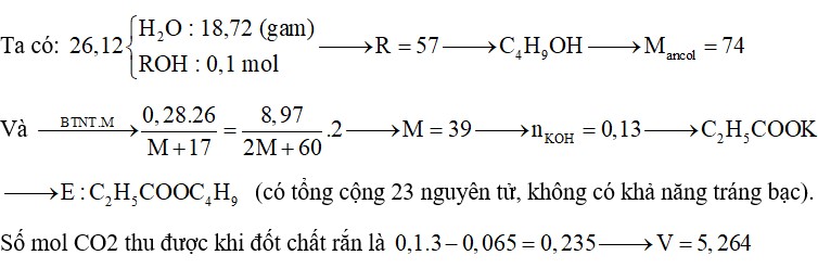 Xà phòng hoá hoàn toàn 0,1 mol este E đơn chức, mạch hở bằng 26 gam dung dịch MOH 28% (M là kim loại kiềm)