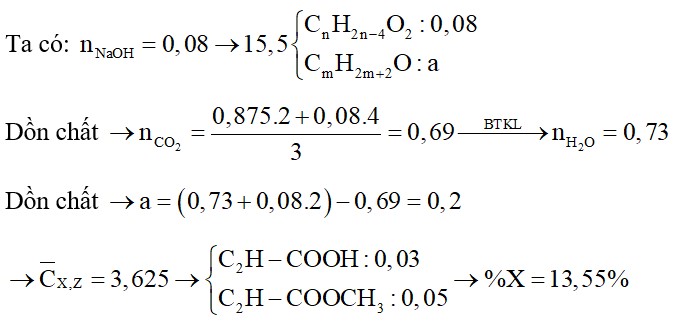 Hỗn hợp E chứa 1 axit cacboxylic X, 1 ancol no Y và 1 este Z (X, Y, Z đều đơn chức, mạch hở)