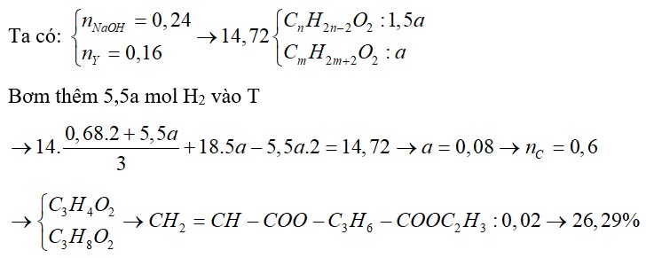 Đun nóng 14,72 gam hỗn hợp T gồm axit X (CnH2n-2O2) và ancol Y (CmH2m+2O2) có mặt H2SO4 đặc