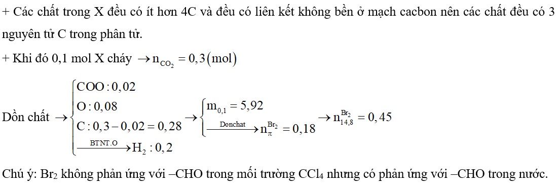 X là hỗn hợp chứa 1 axit, 1 ancol, 1 andehit đều đơn chức, mạch hở có khả năng tác dụng với Br2 trong CCl4